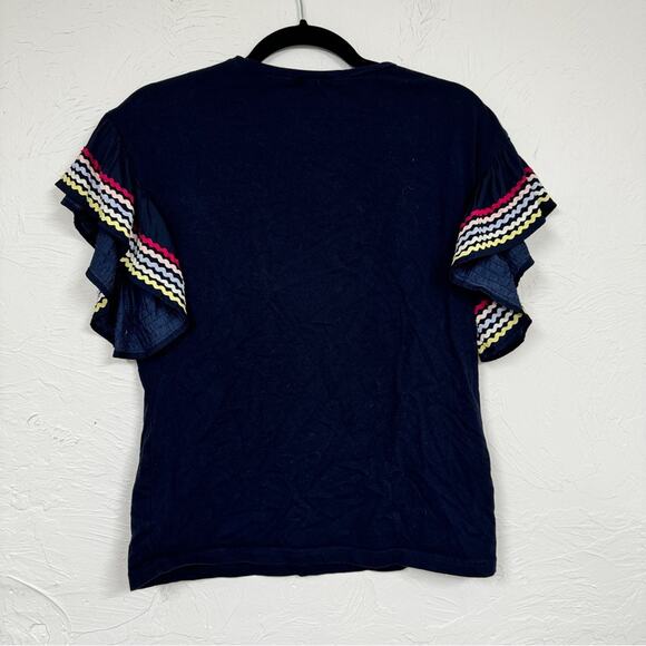 Stella & Dot Blue Ruffled Sleeve Blouse Womens S Ric Rack Flutter Ruffled Boho - Picture 6 of 7